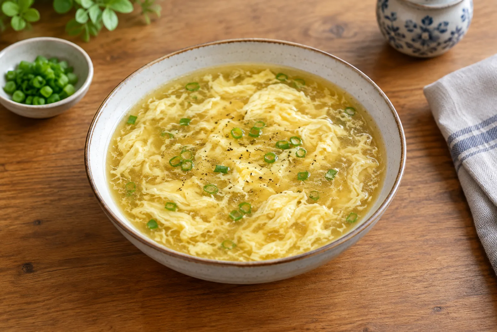 A bowl of clear yellow soup with delicate egg ribbons and sliced spring onion