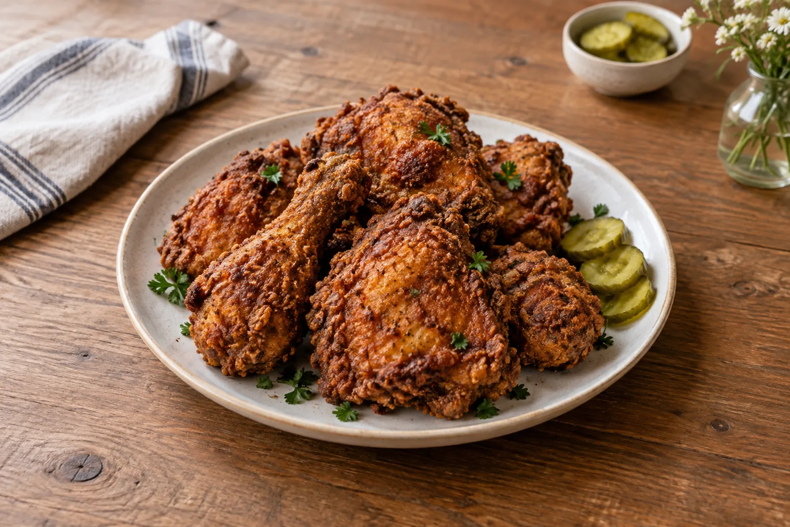 Pieces of buttermilk fried chicken with a craggy golden crust on a wire rack