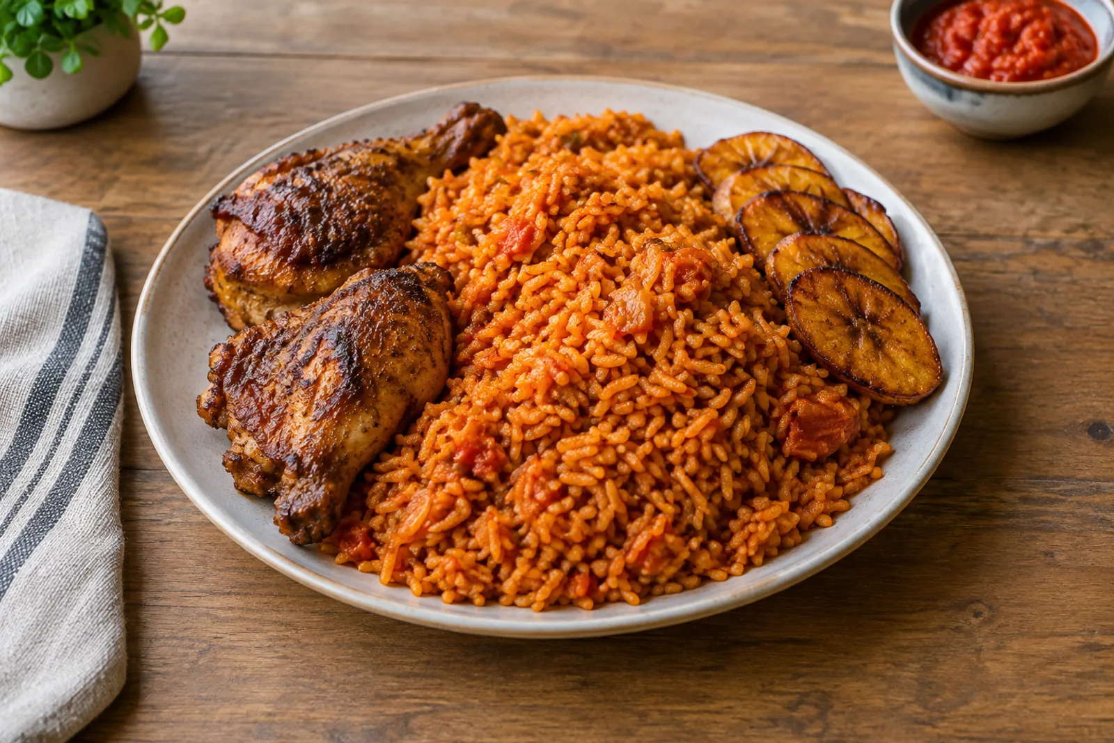 A pot of jollof rice, deep orange-red, with a wooden spoon lifting some from the smoky base