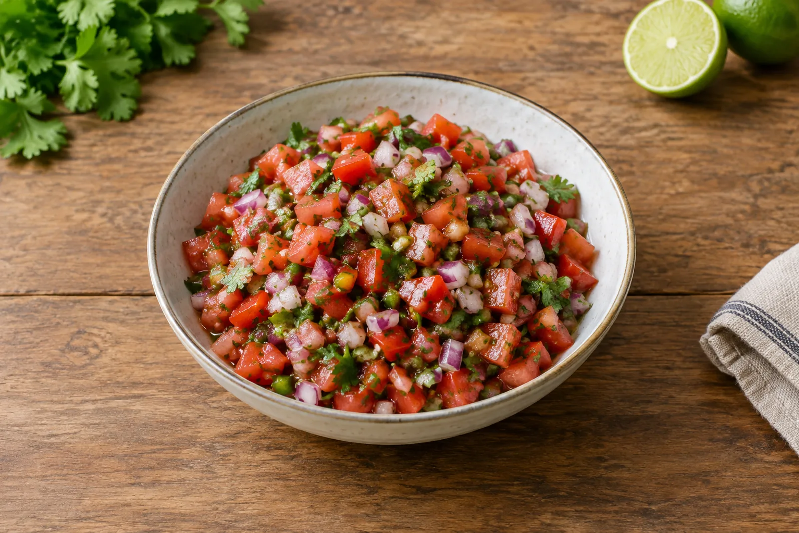 A bowl of finely diced tomatoes and red onion with coriander and green chilli