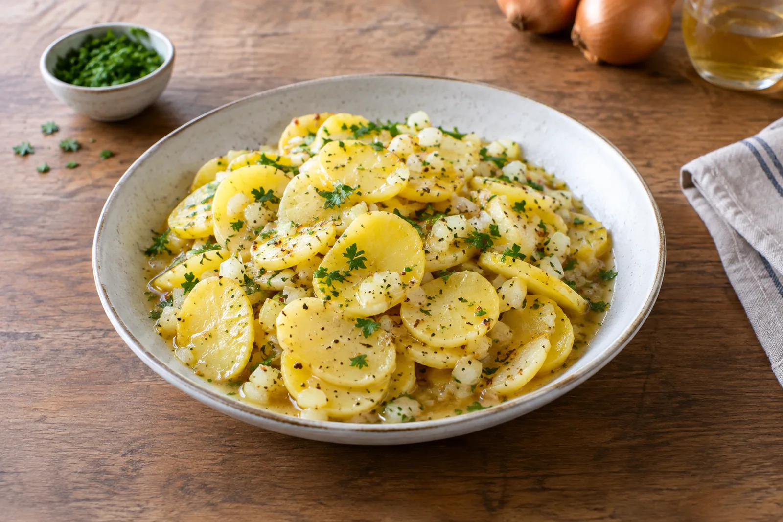 A bowl of sliced potato salad glossy with dressing and scattered with chopped chives