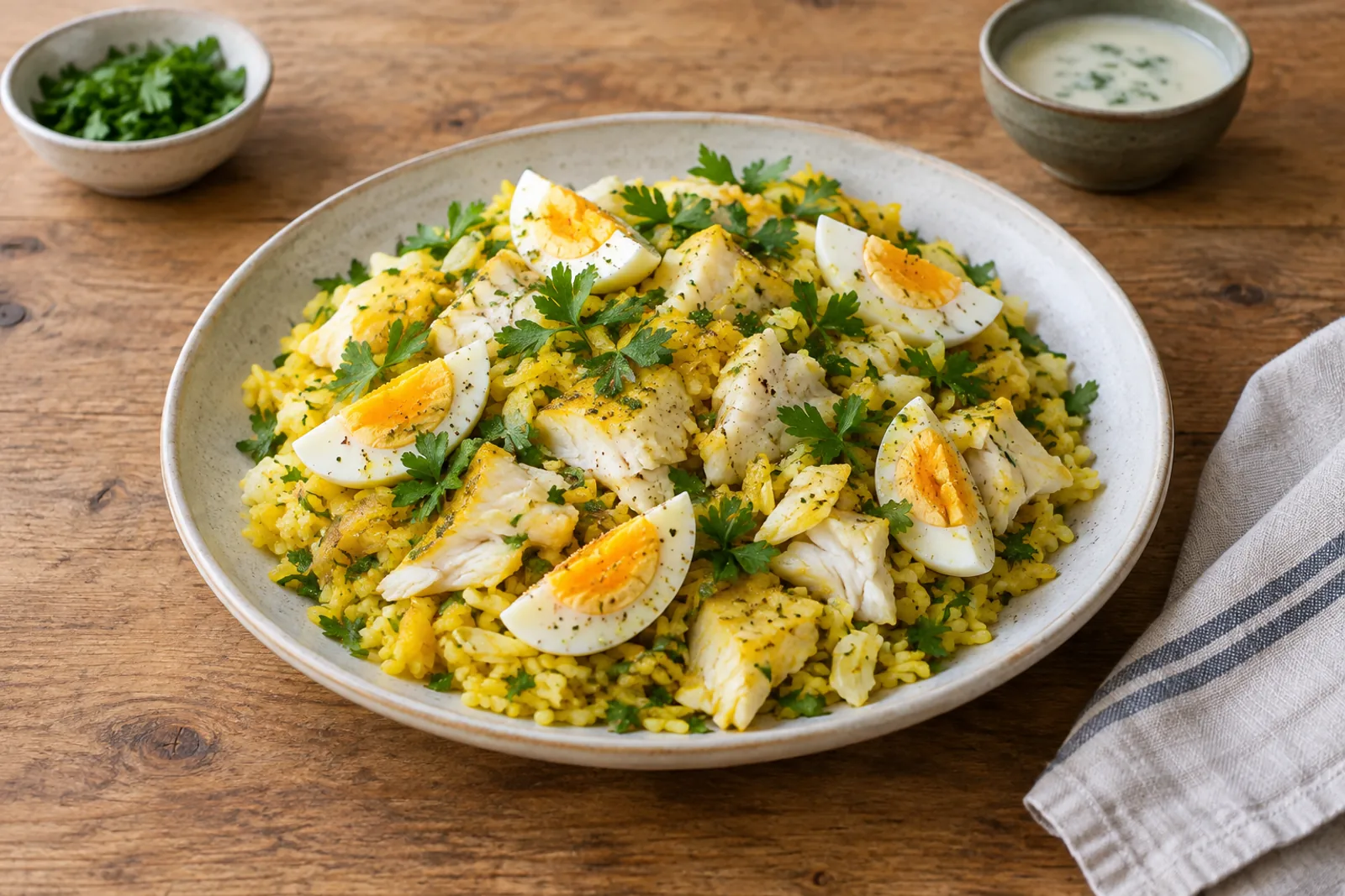 A pan of yellow curried rice with flaked smoked haddock, egg quarters and parsley