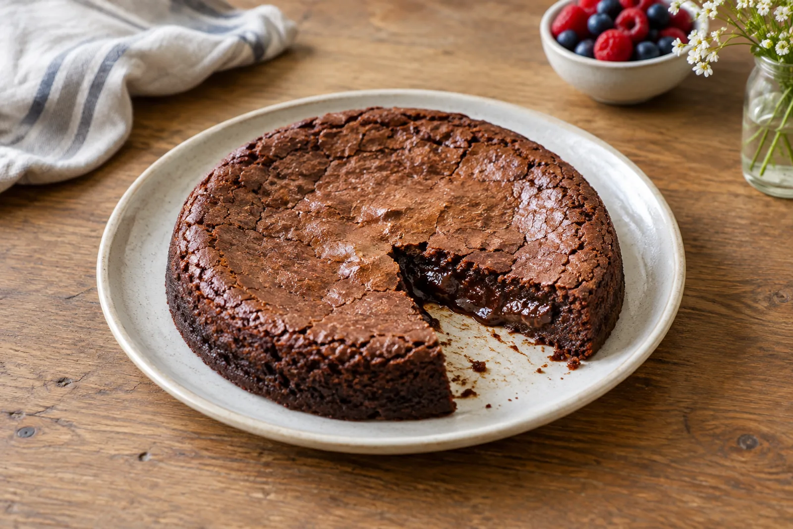 A flat chocolate cake with a crackled top, cut to show a dense gooey centre, with cream