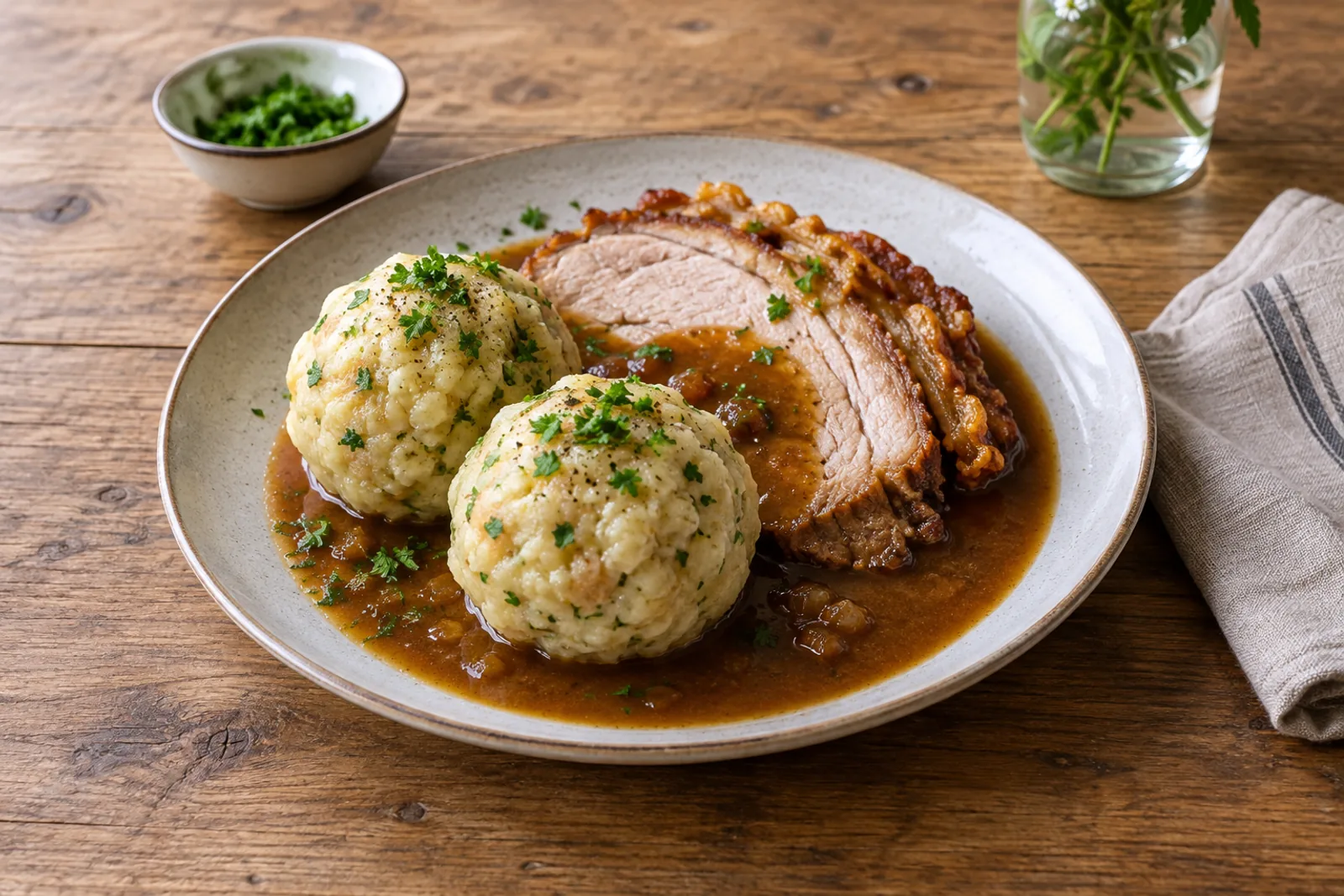 Round bread dumplings flecked with parsley, one sliced open, beside roast pork and gravy