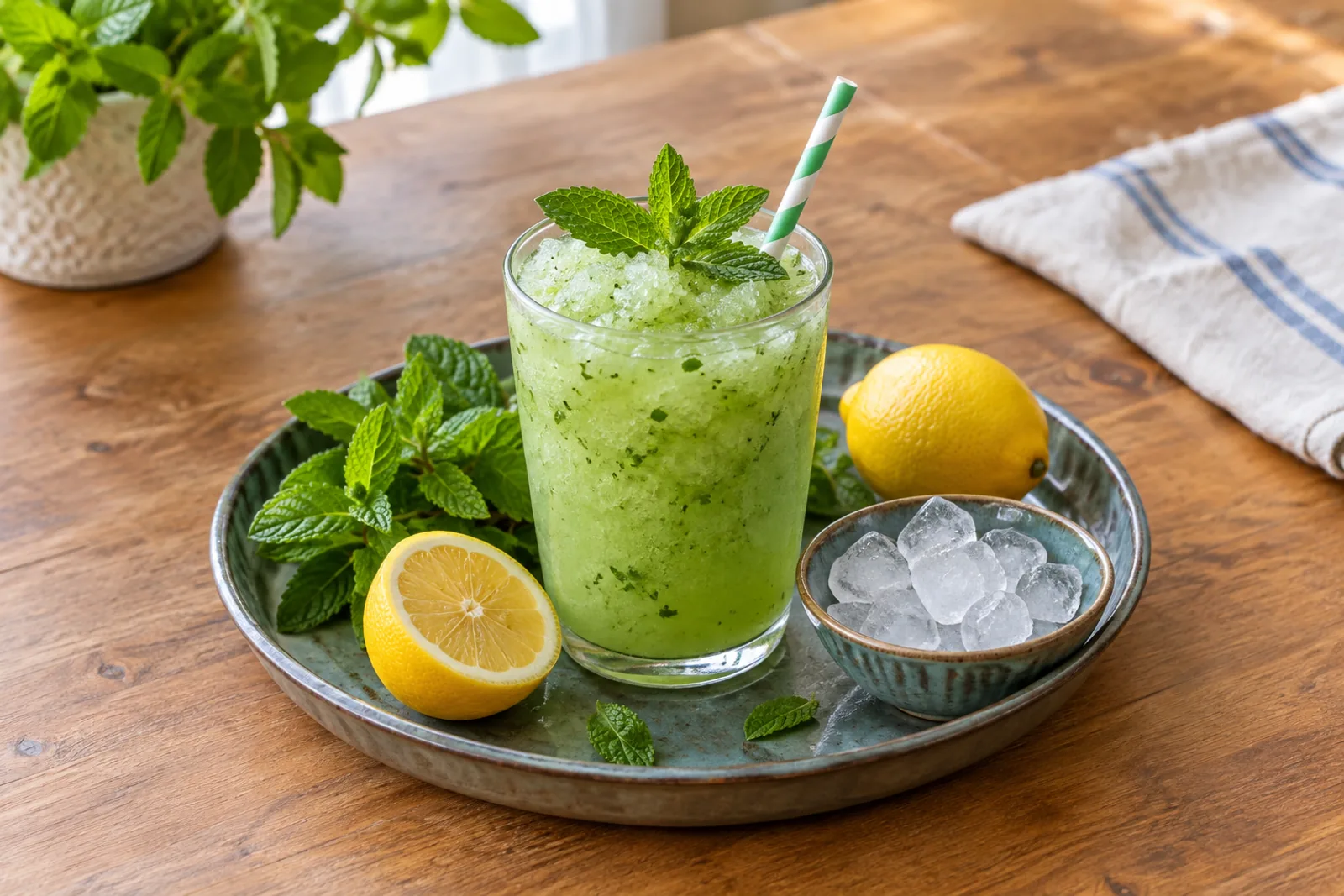 Tall glasses of icy pale green blended mint lemonade with mint sprigs