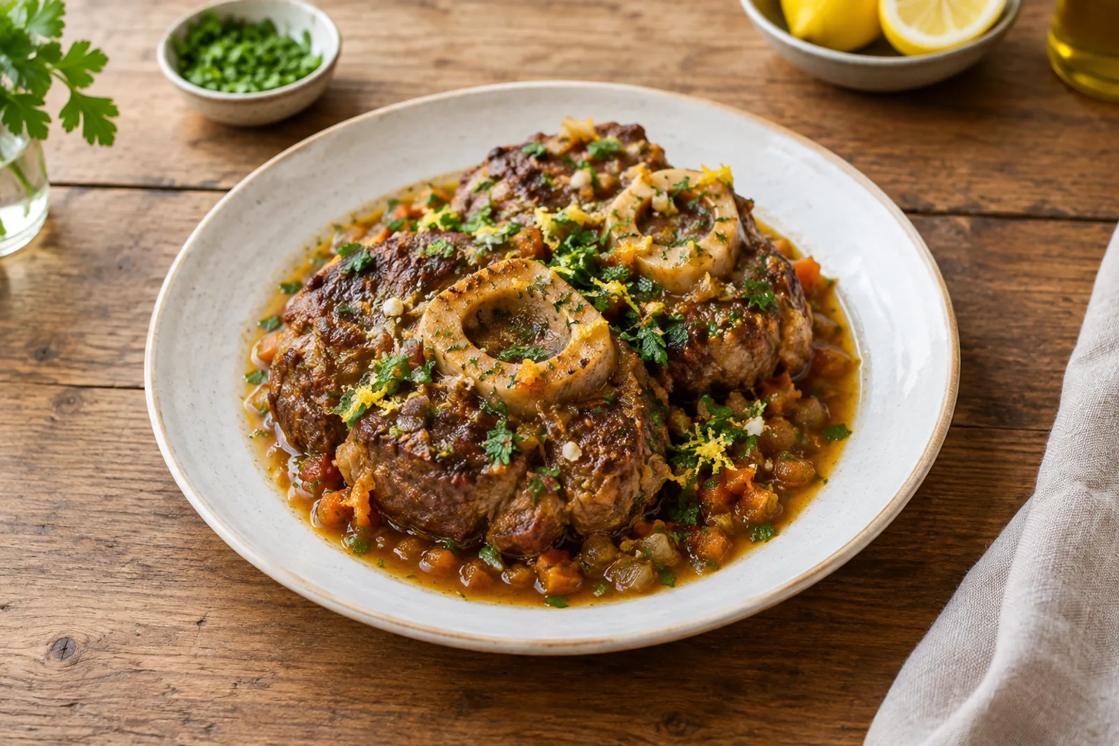 A braised veal shank with marrow in the bone, in rich sauce, topped with gremolata