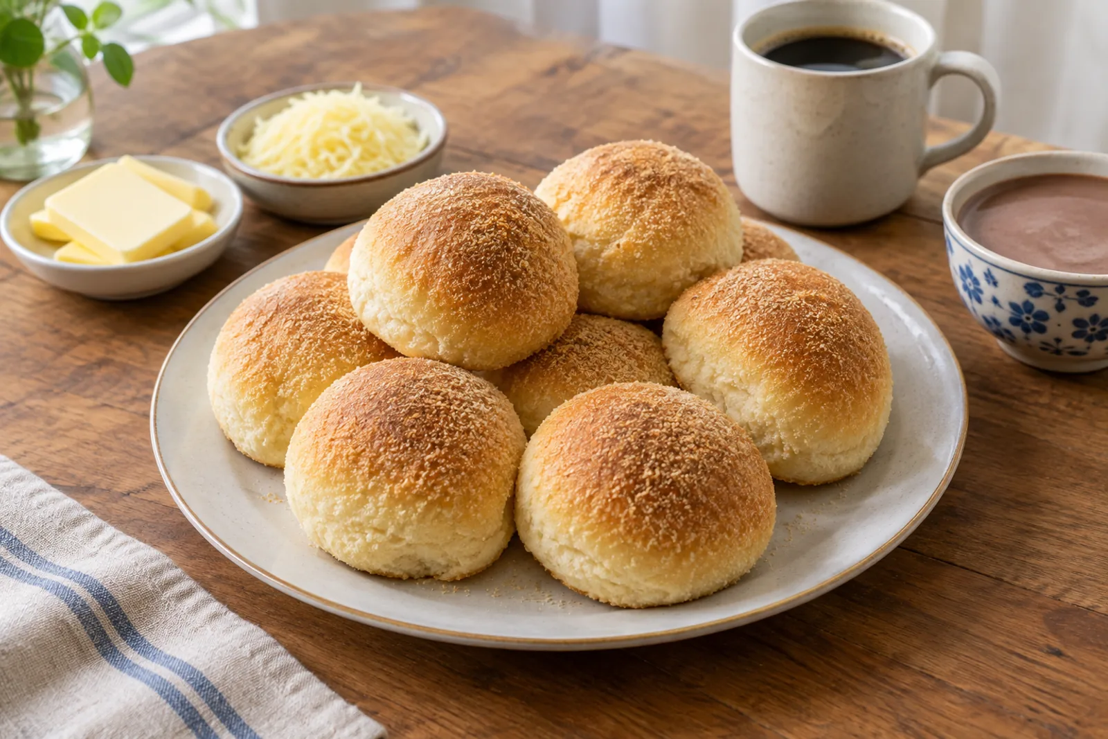 A basket of small soft oval bread rolls with a golden breadcrumb crust
