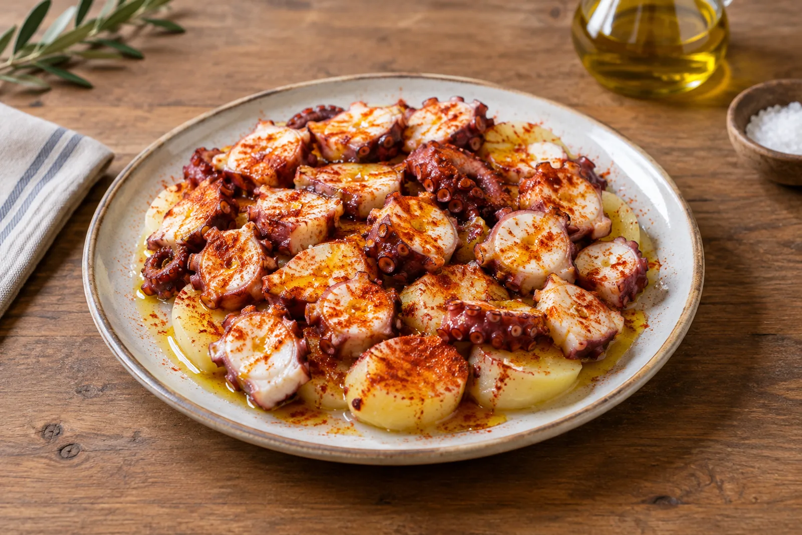 Slices of octopus over potato rounds dusted with red paprika and coarse salt