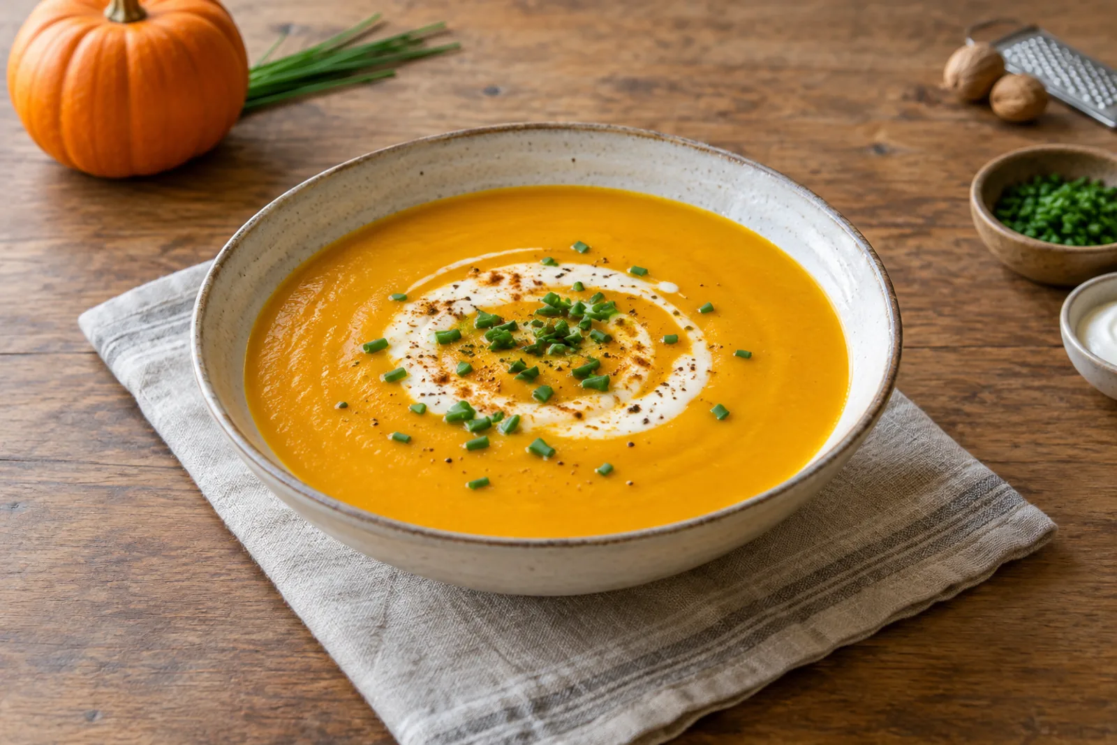 A bowl of smooth, bright orange pumpkin soup with a swirl of crème fraîche, snipped chives and a few toasted pumpkin seeds on top.