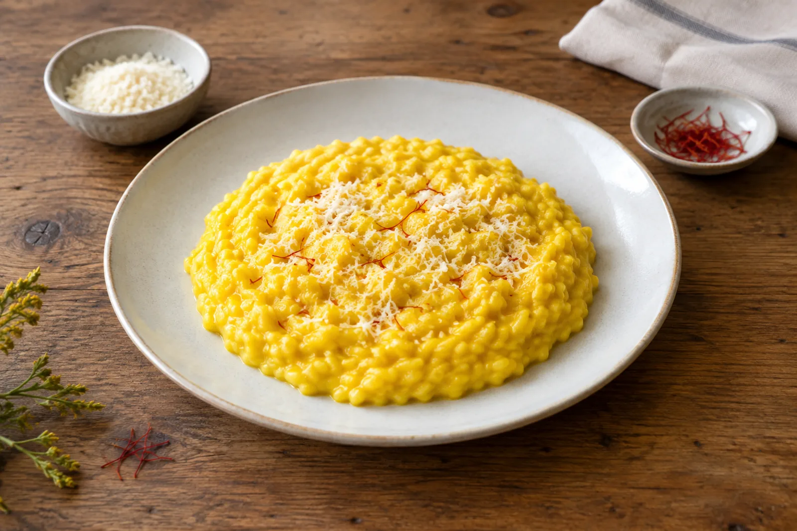 A plate of deep yellow saffron risotto, spread flat and glossy, with Parmesan grated over