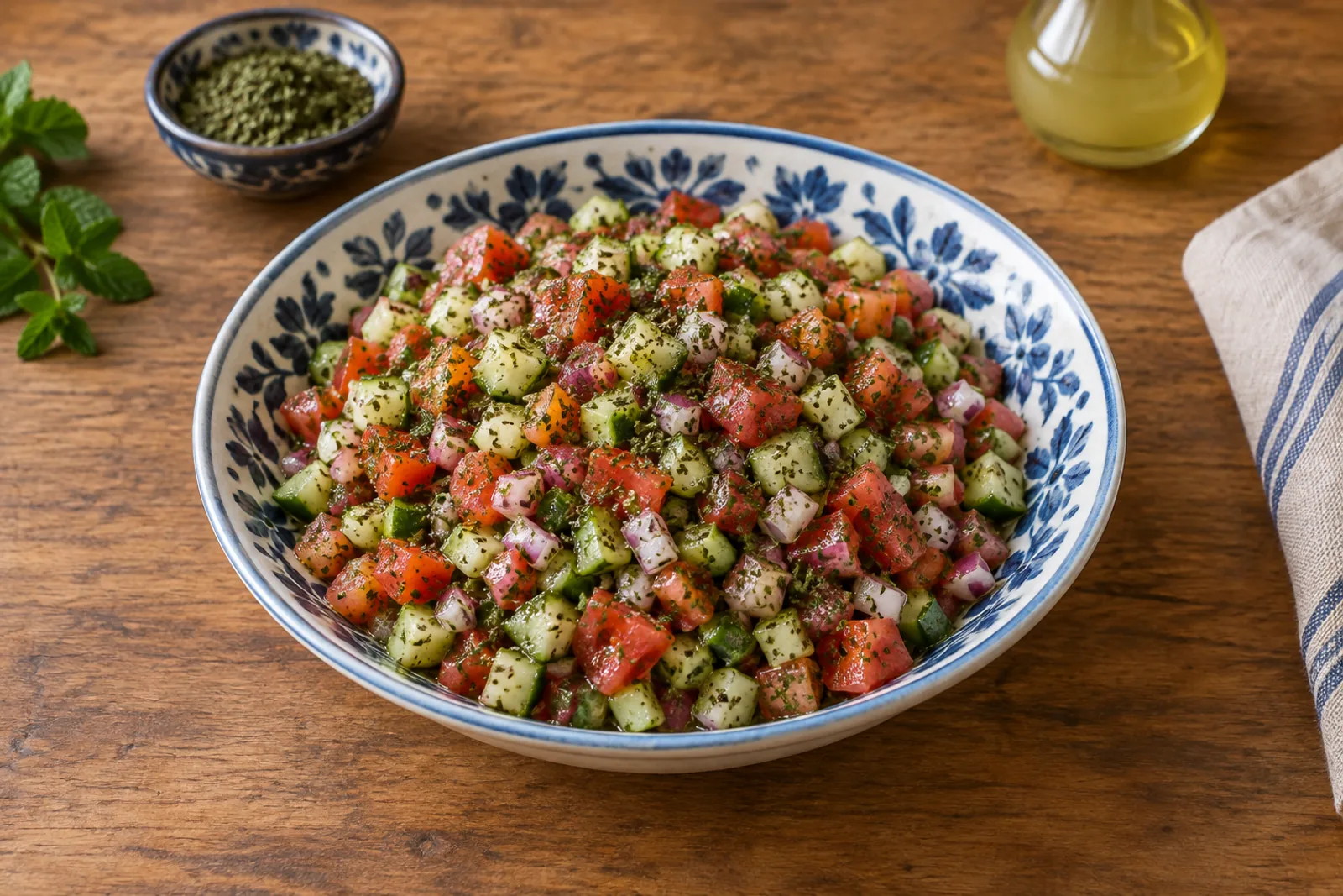 A bowl of finely diced cucumber, tomato and red onion with dried mint and lime