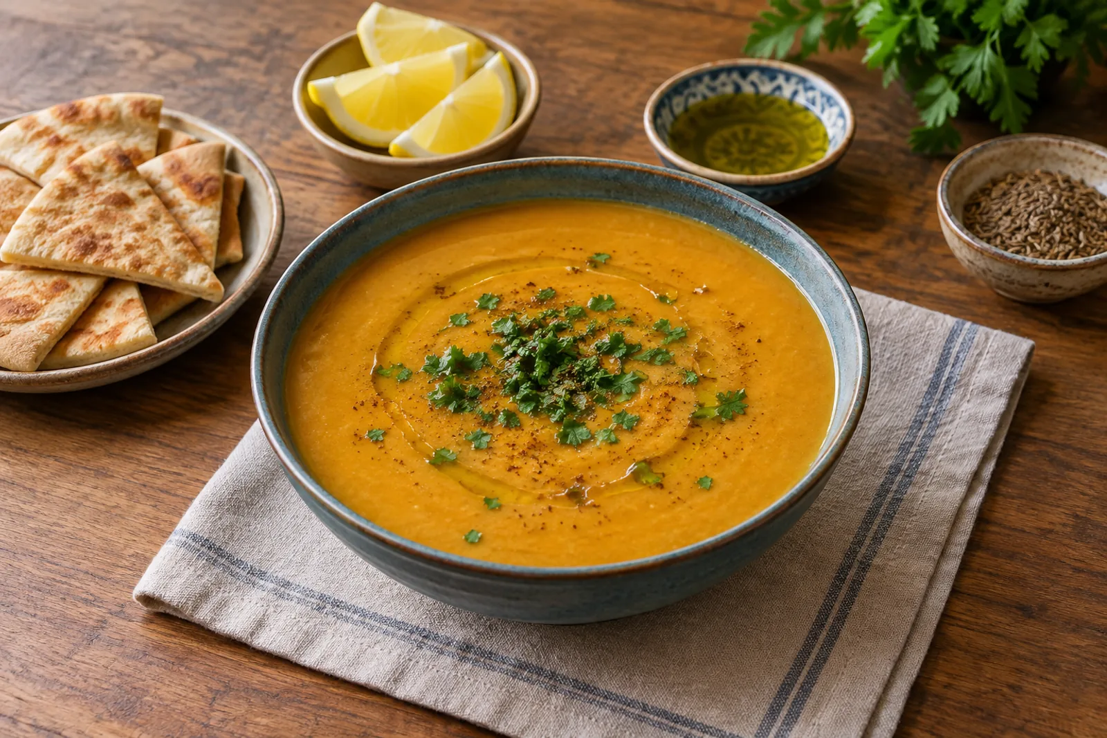 A bowl of smooth golden lentil soup with a drizzle of olive oil, cumin and lemon wedges