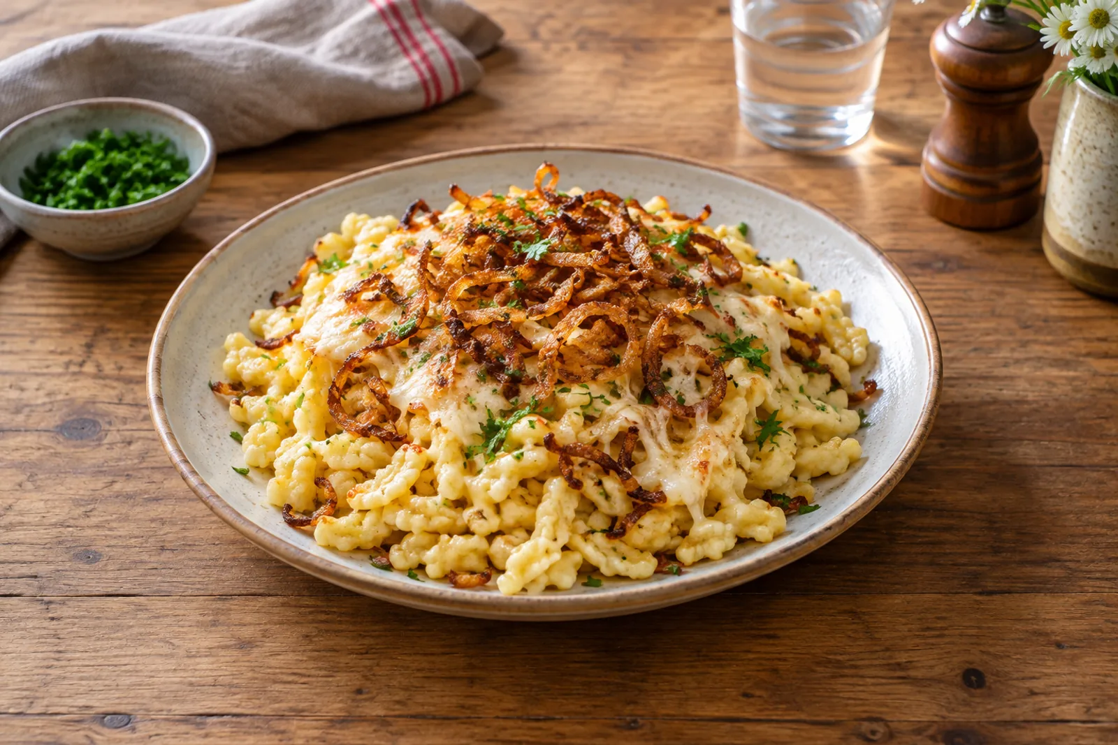 Buttered spätzle in a pan with browned edges