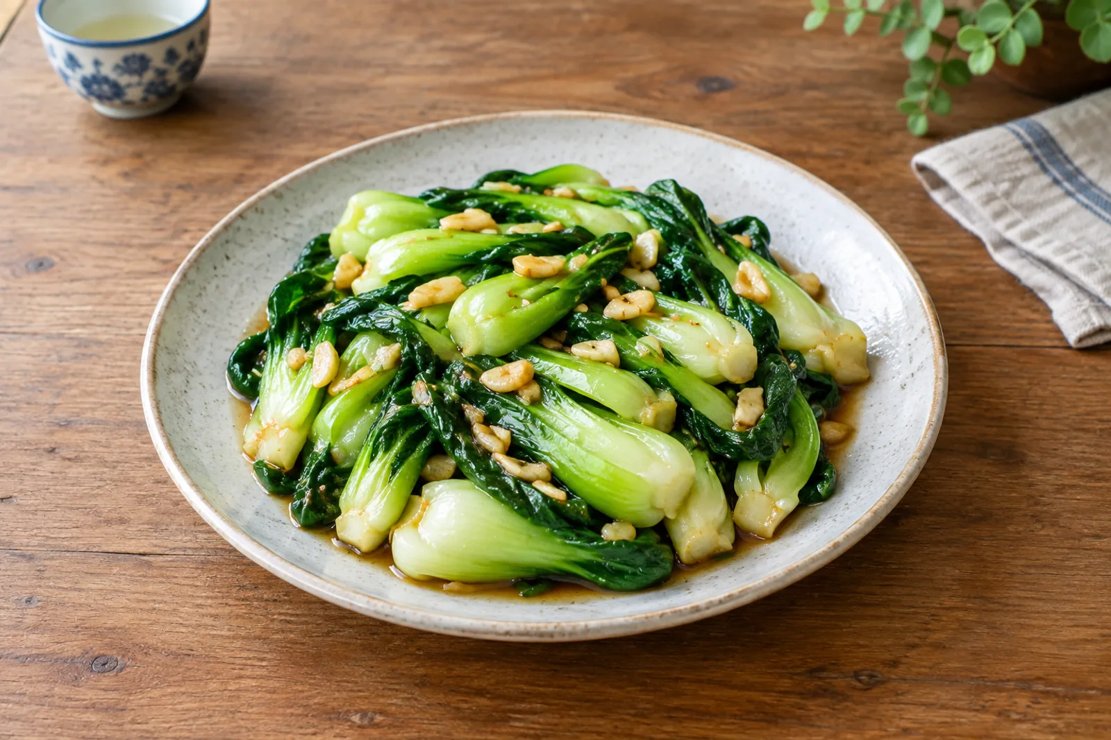 Glossy bright green bok choy halves with pale sliced garlic on a plate